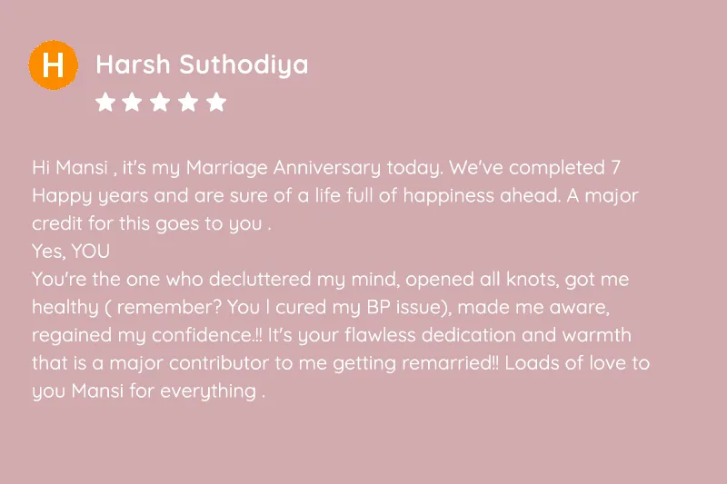 5-star client review of Mansi Poddar by Harsh Suthodiya